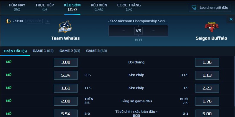 Bảng kèo trận đấu Team Whales vs Saigon Buffalo, 20h ngày 19/8/22