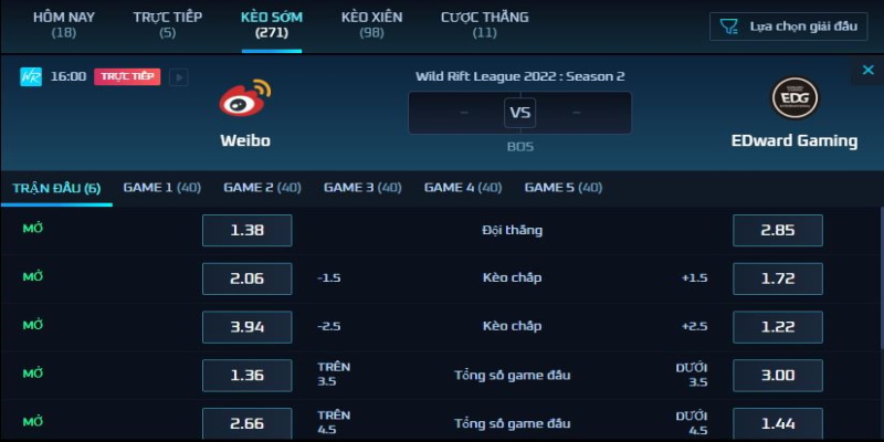 Bảng kèo trận đấu giữa Weibo vs Edward Gaming 16h ngày 4/11/22